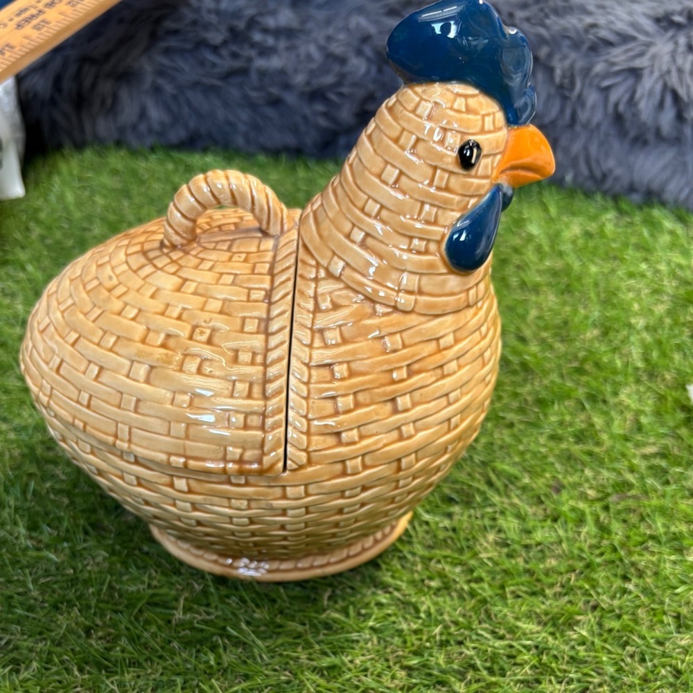 Ceramic Chicken‎ Basket Weave Lidded Jar Figurine Kitchen Decor Farmhouse